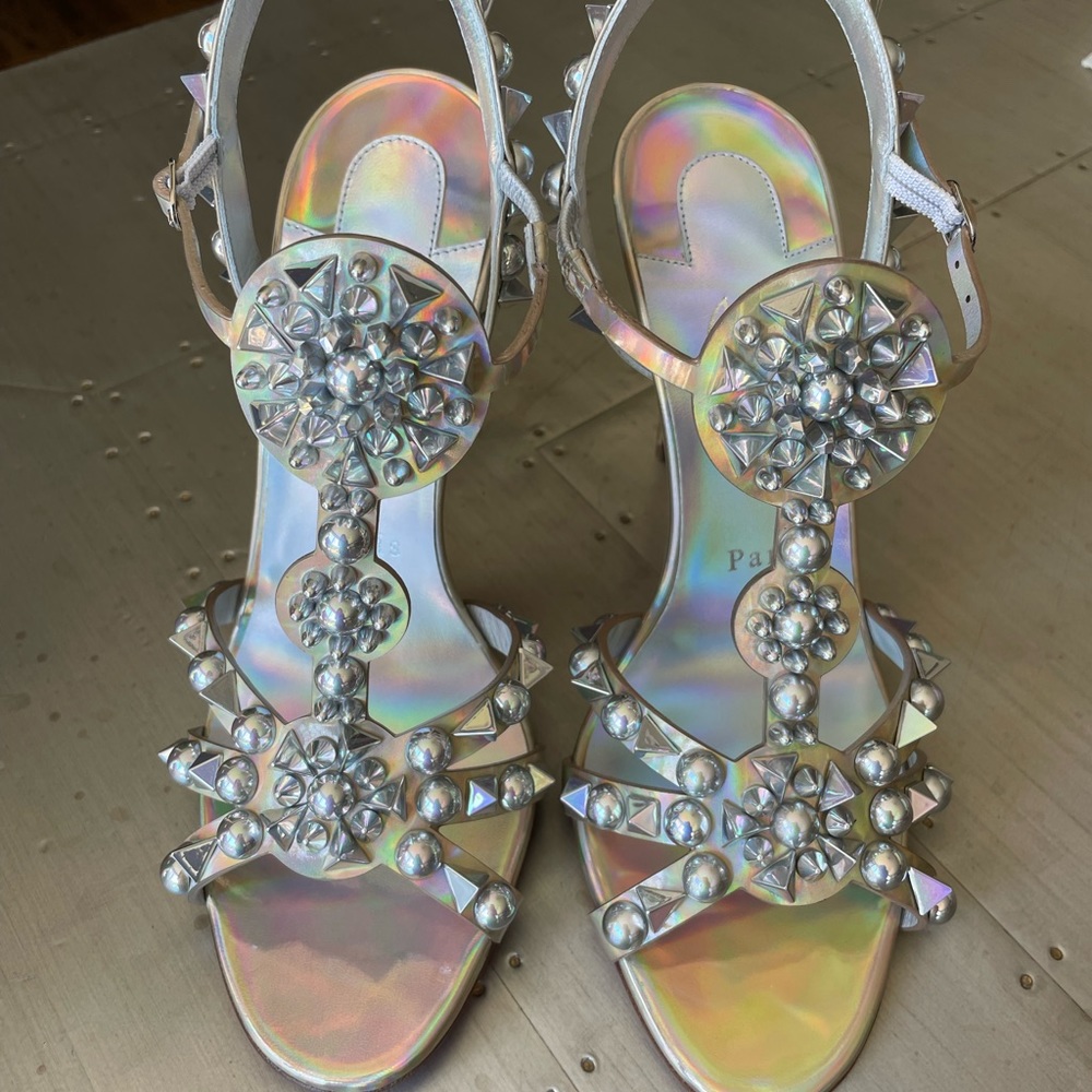 christian louboutin Goldora 100mm stiletto sandal spike iridescent sz 38 - Picture 5 of 12